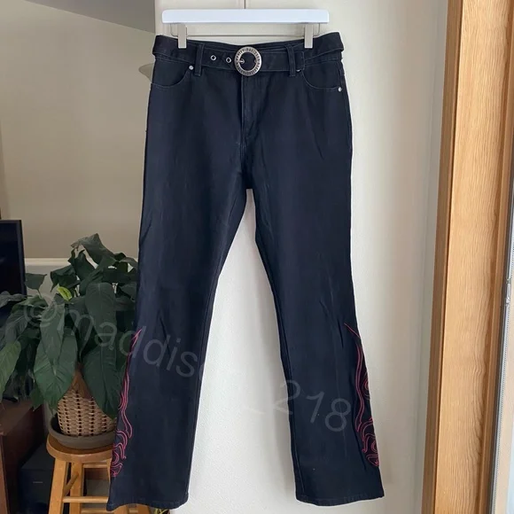 Harley Davidson Vintage Y2K Flame Embroidered Bootcut Flare Black Jeans 6 long - Picture 2 of 11